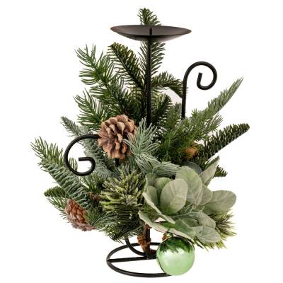 Decoratiune Craciun din crengute, cu conuri si globuri verzi, maro si crem, cu suport lumanare, 33 cm