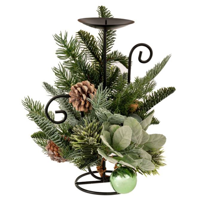 Decoratiune Craciun din crengute, cu conuri si globuri verzi, maro si crem, cu suport lumanare, 33 cm
