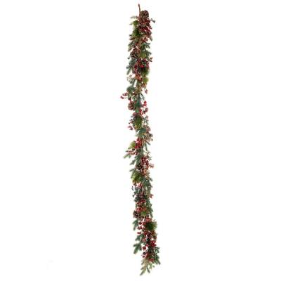 Ghirlanda brad artificial verde cu conuri si merisoare rosii, 180 cm