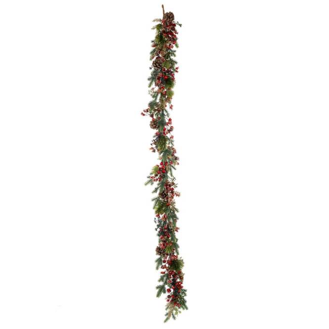 Ghirlanda brad artificial verde cu conuri si merisoare rosii, 180 cm