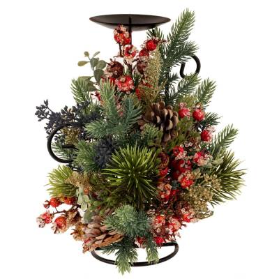 Decoratiune Craciun din crengute verzi, cu conuri si merisoare rosii, cu suport lumanare, 33 cm