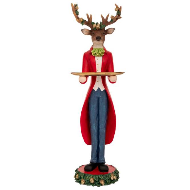 Decoratiune Craciun, cerb cu platou pentru prajiturele, rosu-albastru, 60 cm