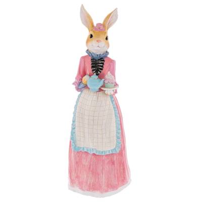 Decoratiune Pasti, Doamna Iepuras in rochie roz, cu ceainic si briosa, 57 cm