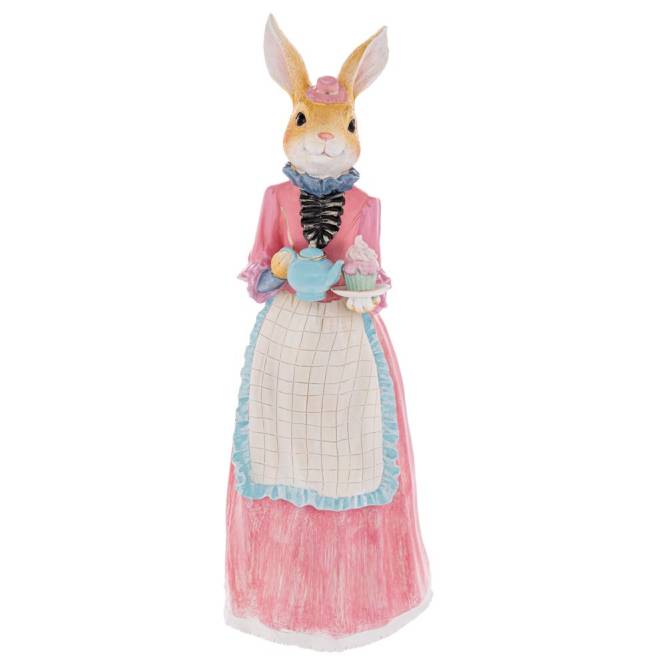 Decoratiune Pasti, Doamna Iepuras in rochie roz, cu ceainic si briosa, 57 cm