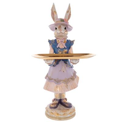 Decoratiune Pasti, Doamna Iepuras cu platou pentru dulciuri, model auriu antichizat, 59 cm