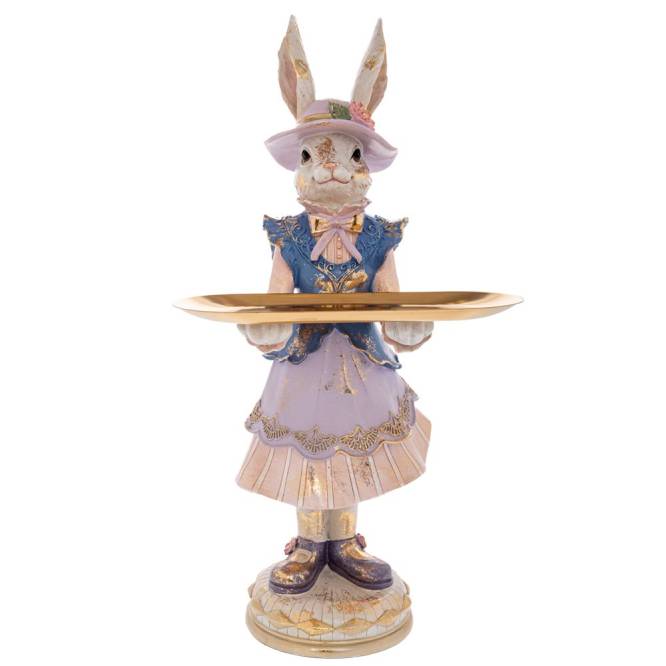 Decoratiune Pasti, Doamna Iepuras cu platou pentru dulciuri, model auriu antichizat, 59 cm