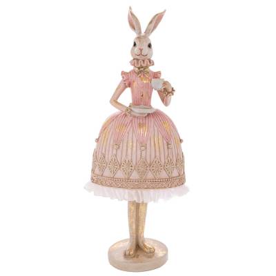 Decoratiune Pasti, Doamna Iepuras cu rochie roz de bal, model auriu antichizat, 40 cm