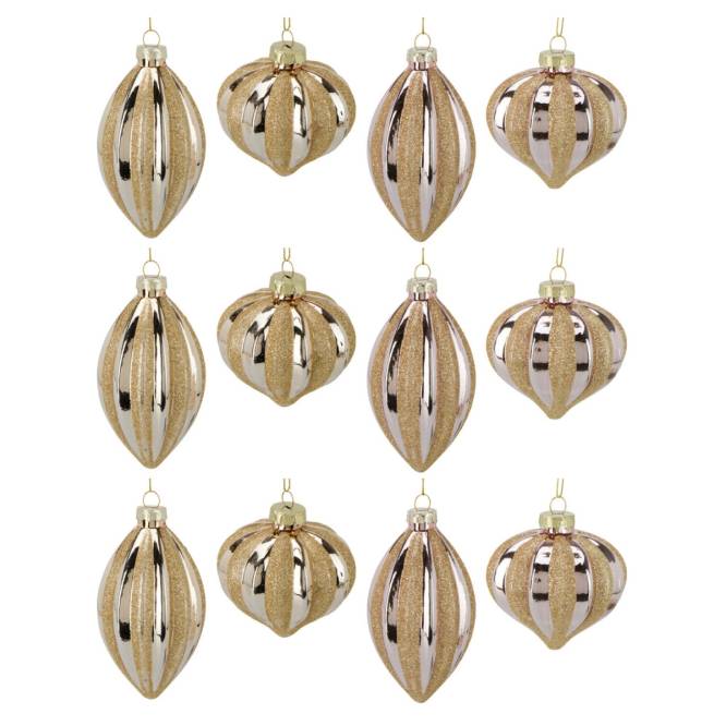 Set 12 globuri din sticla, aurii si rose gold cu sclipici, diametru 6-8 cm