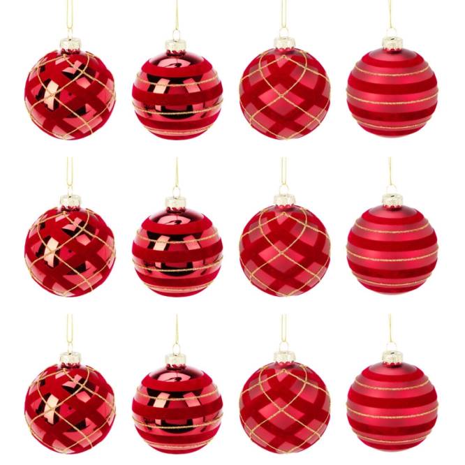 Set 12 globuri din sticla, rosii cu modele de catifea si sclipici, diametru 8 cm