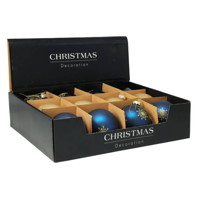 Set 12 globuri din sticla, aurii si albastre cu sclipici, diametru 8 cm