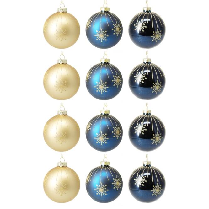 Set 12 globuri din sticla, aurii si albastre cu sclipici, diametru 8 cm
