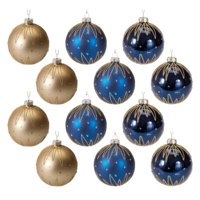 Set 12 globuri din sticla, aurii si albastre cu modele din sclipici, diametru 8 cm