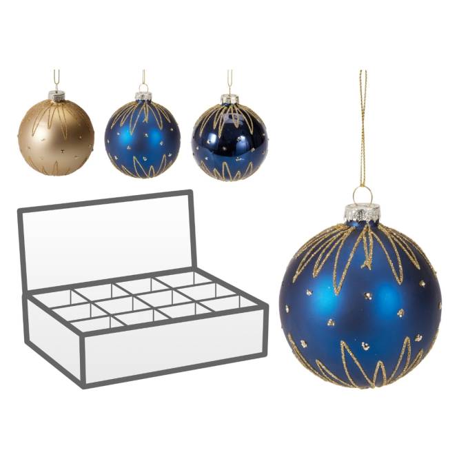 Set 12 globuri din sticla, aurii si albastre cu modele din sclipici, diametru 8 cm