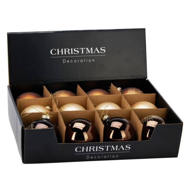 Set 12 globuri din sticla, aurii si maro cu sclipici auriu, diametru 8 cm