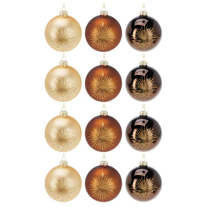 Set 12 globuri din sticla, aurii si maro cu sclipici auriu, diametru 8 cm