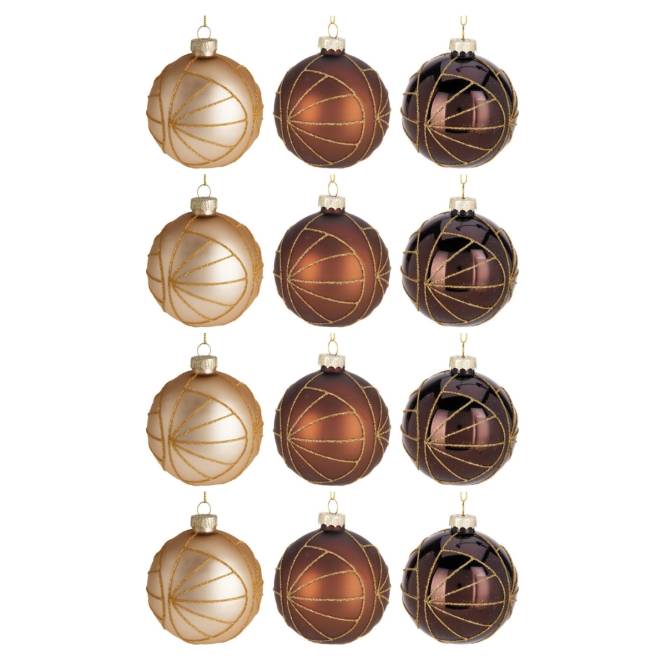 Set 12 globuri din sticla, aurii si maro cu modele din sclipici, diametru 8 cm