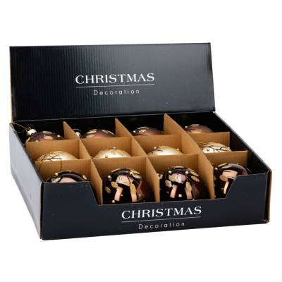 Set 12 globuri din sticla, aurii si maro cu sclipici, diametru 8 cm