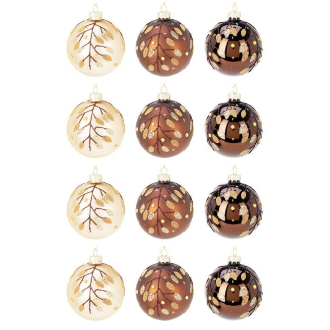 Set 12 globuri din sticla, aurii si maro cu sclipici, diametru 8 cm