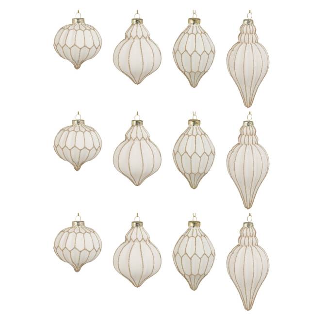 Set 12 globuri conice din sticla alba cu finisaje aurii, diametru 7 cm