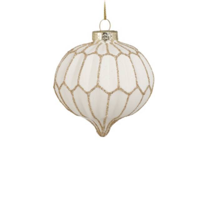 Set 12 globuri conice din sticla alba cu finisaje aurii, diametru 7 cm