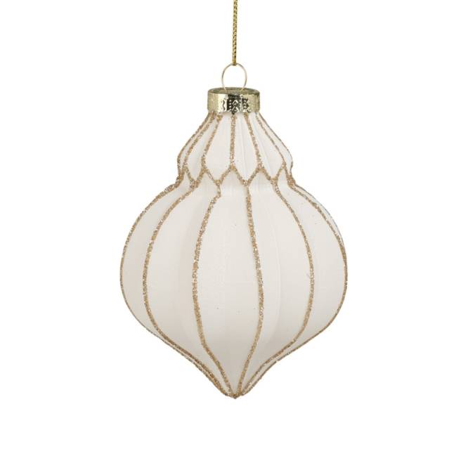 Set 12 globuri conice din sticla alba cu finisaje aurii, diametru 7 cm