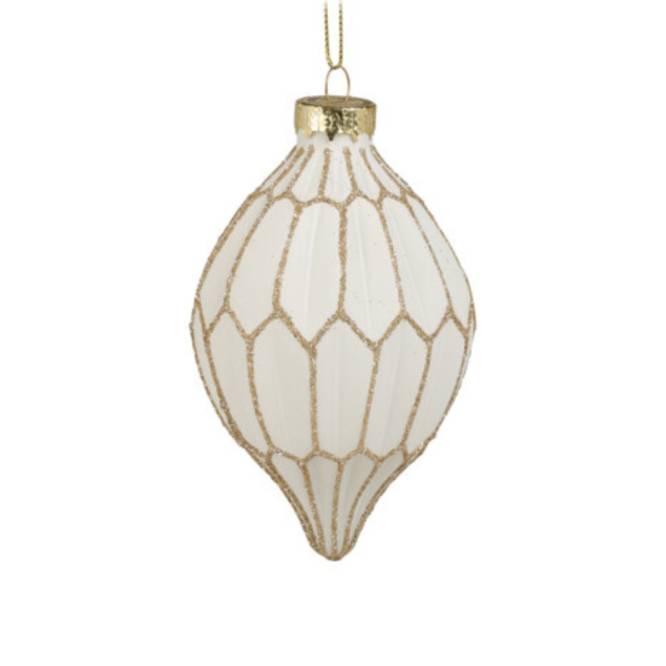 Set 12 globuri conice din sticla alba cu finisaje aurii, diametru 7 cm