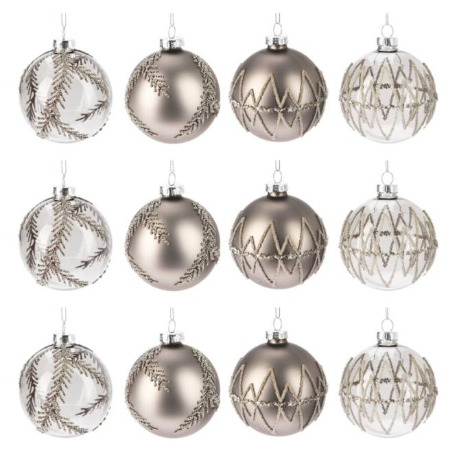 Set 12 globuri din sticla, gri si transparente cu sclipici, 8 cm