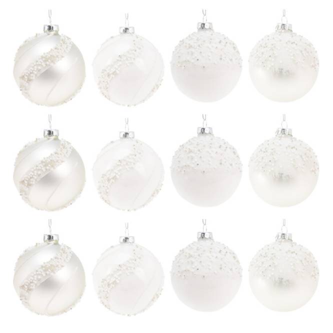 Set 12 globuri din sticla, albe opal decorate cu margele, diametru 8 cm