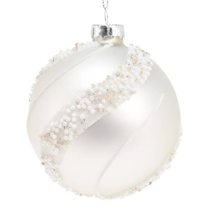 Set 12 globuri din sticla, albe opal decorate cu margele, diametru 8 cm