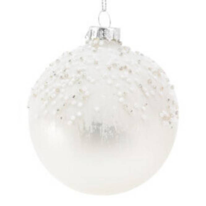 Set 12 globuri din sticla, albe opal decorate cu margele, diametru 8 cm