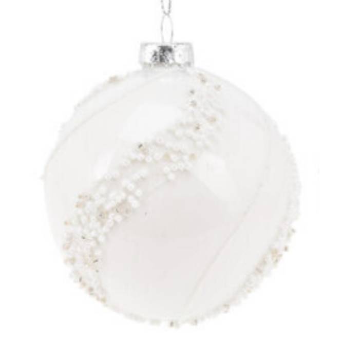 Set 12 globuri din sticla, albe opal decorate cu margele, diametru 8 cm