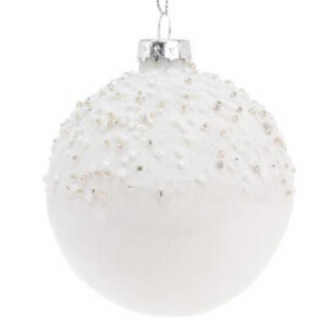 Set 12 globuri din sticla, albe opal decorate cu margele, diametru 8 cm