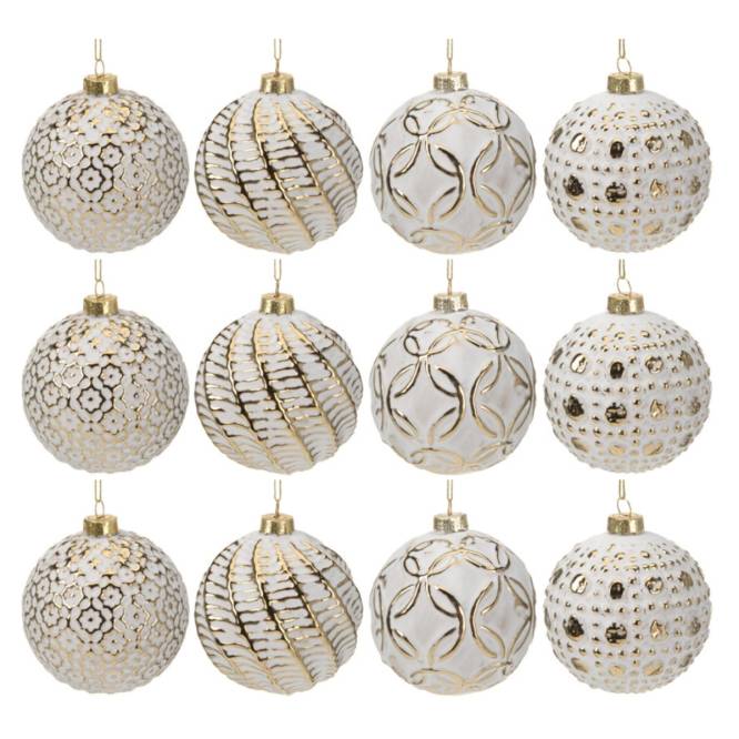Set 12 globuri din sticla alba cu modele aurii, 8 cm