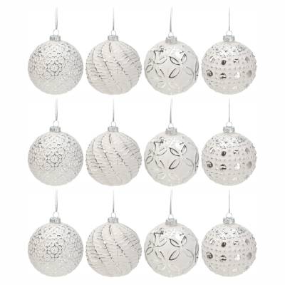 Set 12 globuri din sticla alba cu sclipici argintiu 8 cm