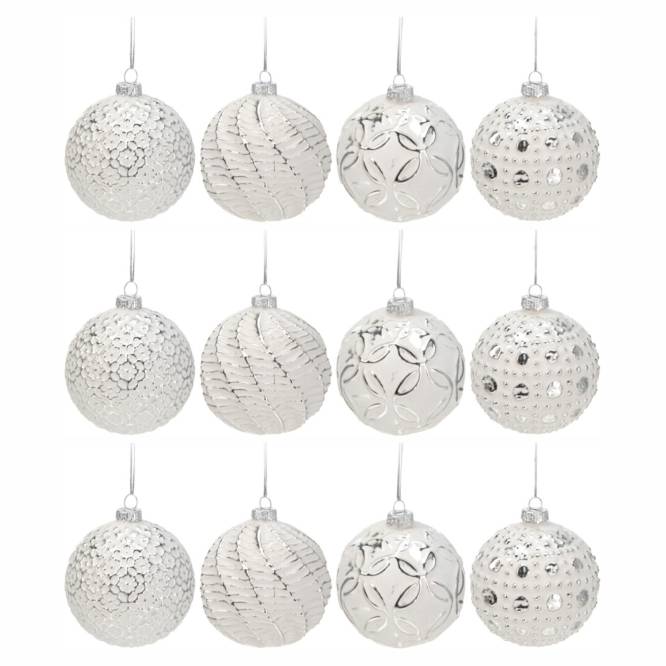 Set 12 globuri din sticla alba cu sclipici argintiu 8 cm