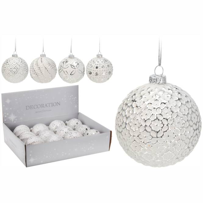 Set 12 globuri din sticla alba cu sclipici argintiu 8 cm