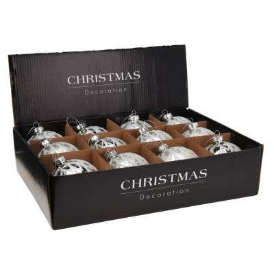Set 12 globuri din sticla, argintii cu modele cu sclipici, diametru 8 cm