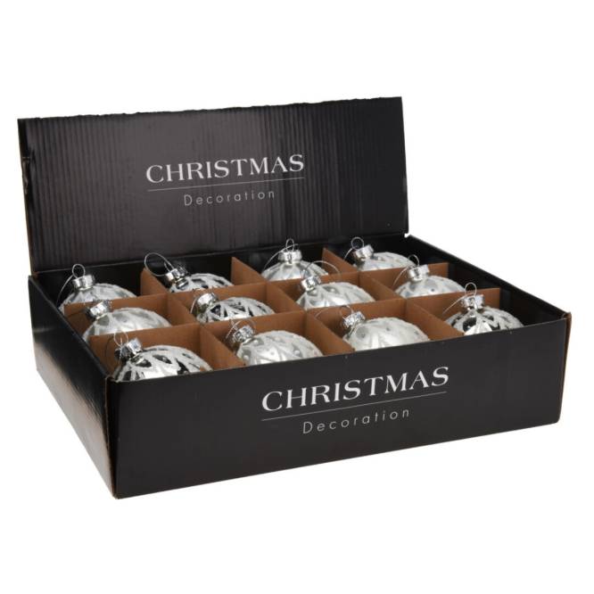 Set 12 globuri din sticla, argintii cu modele cu sclipici, diametru 8 cm