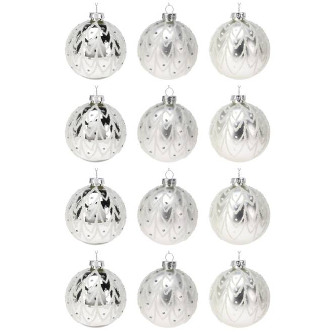 Set 12 globuri din sticla, argintii cu modele cu sclipici, diametru 8 cm