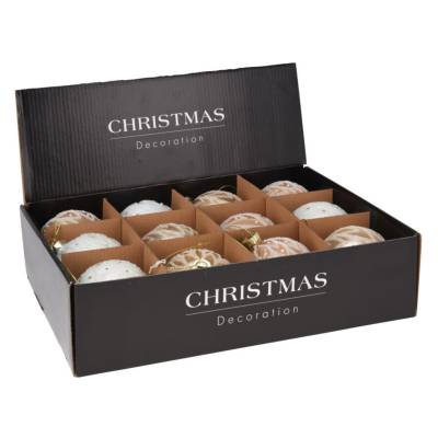 Set 12 globuri din sticla, champagne si albe cu sclipici, diametru 8 cm