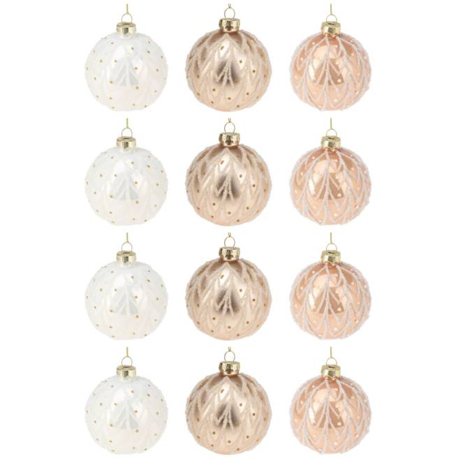 Set 12 globuri din sticla, champagne si albe cu sclipici, diametru 8 cm