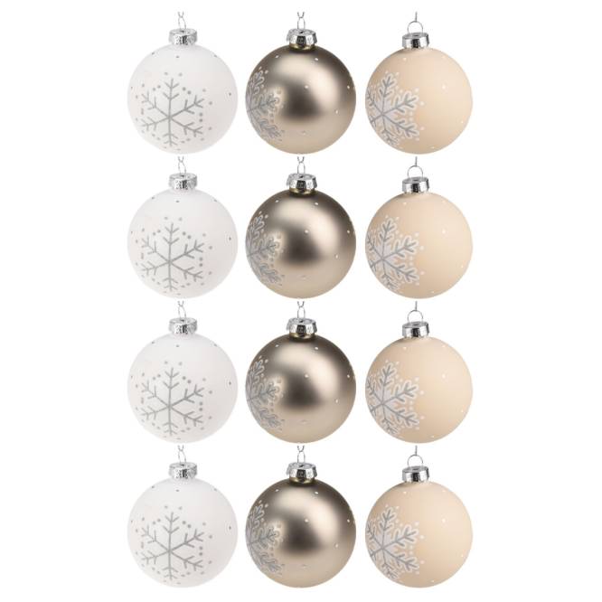 Set 12 globuri din sticla, albe, crem si auriu-platinat, cu fulgi, 8 cm