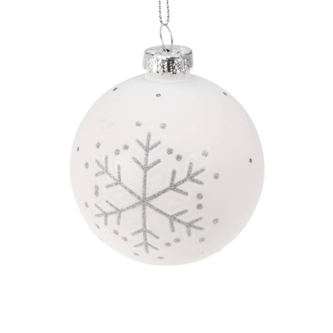 Set 12 globuri din sticla, albe, crem si auriu-platinat, cu fulgi, 8 cm