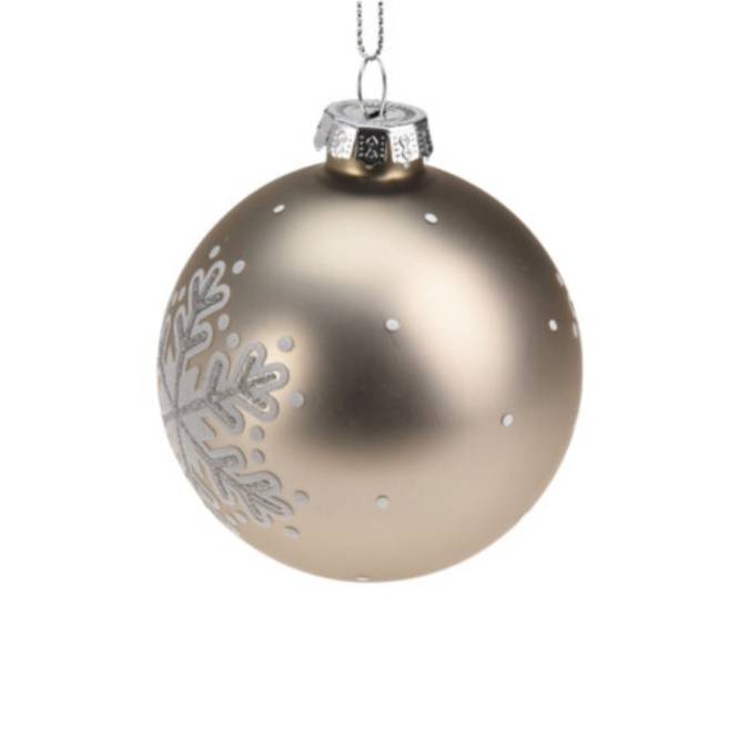 Set 12 globuri din sticla, albe, crem si auriu-platinat, cu fulgi, 8 cm
