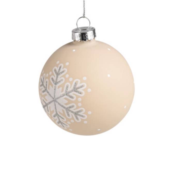 Set 12 globuri din sticla, albe, crem si auriu-platinat, cu fulgi, 8 cm