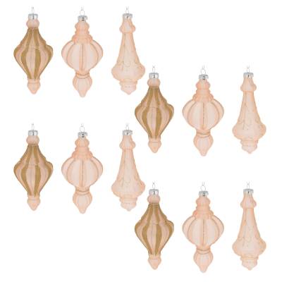 Set 12 globuri din sticla, roz prafuit cu sclipici auriu, diametru 7 cm