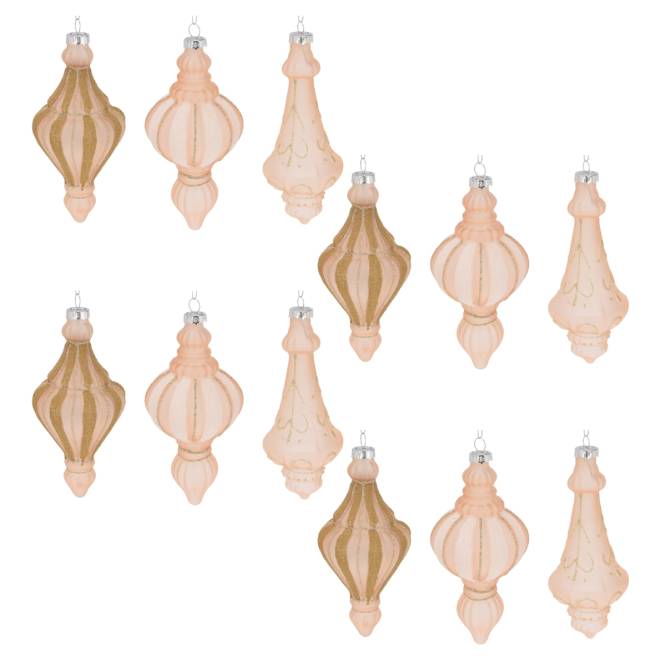 Set 12 globuri din sticla, roz prafuit cu sclipici auriu, diametru 7 cm