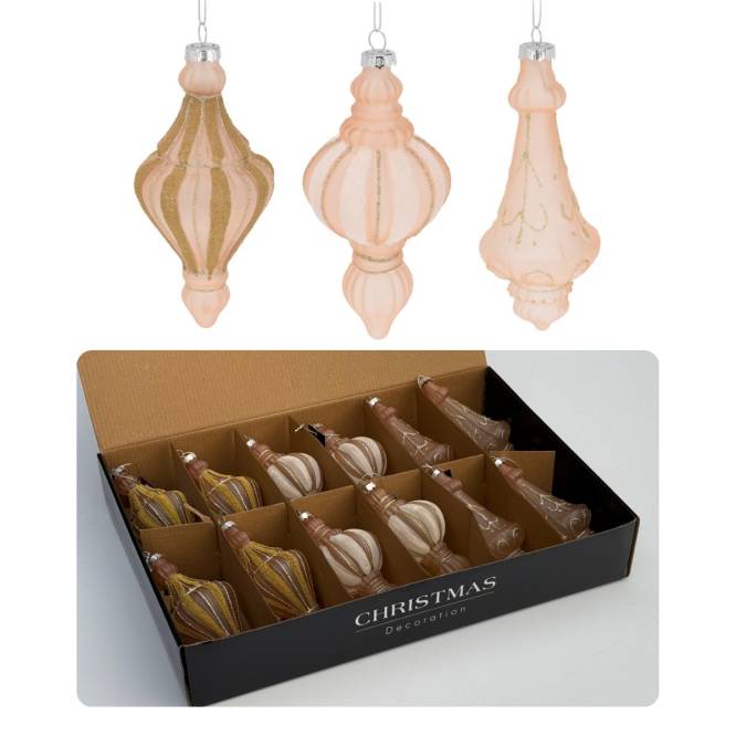 Set 12 globuri din sticla, roz prafuit cu sclipici auriu, diametru 7 cm