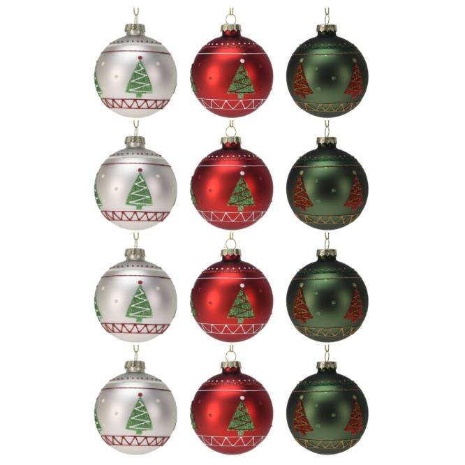 Set 12 globuri din sticla, albe opal, rosii si verzi, cu brazi, 8 cm