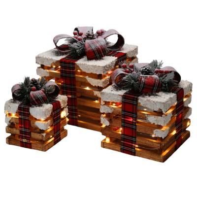 Decoratiune Craciun set 3 cutii de cadou din lemn iluminate cu leduri, 15/20/25 cm